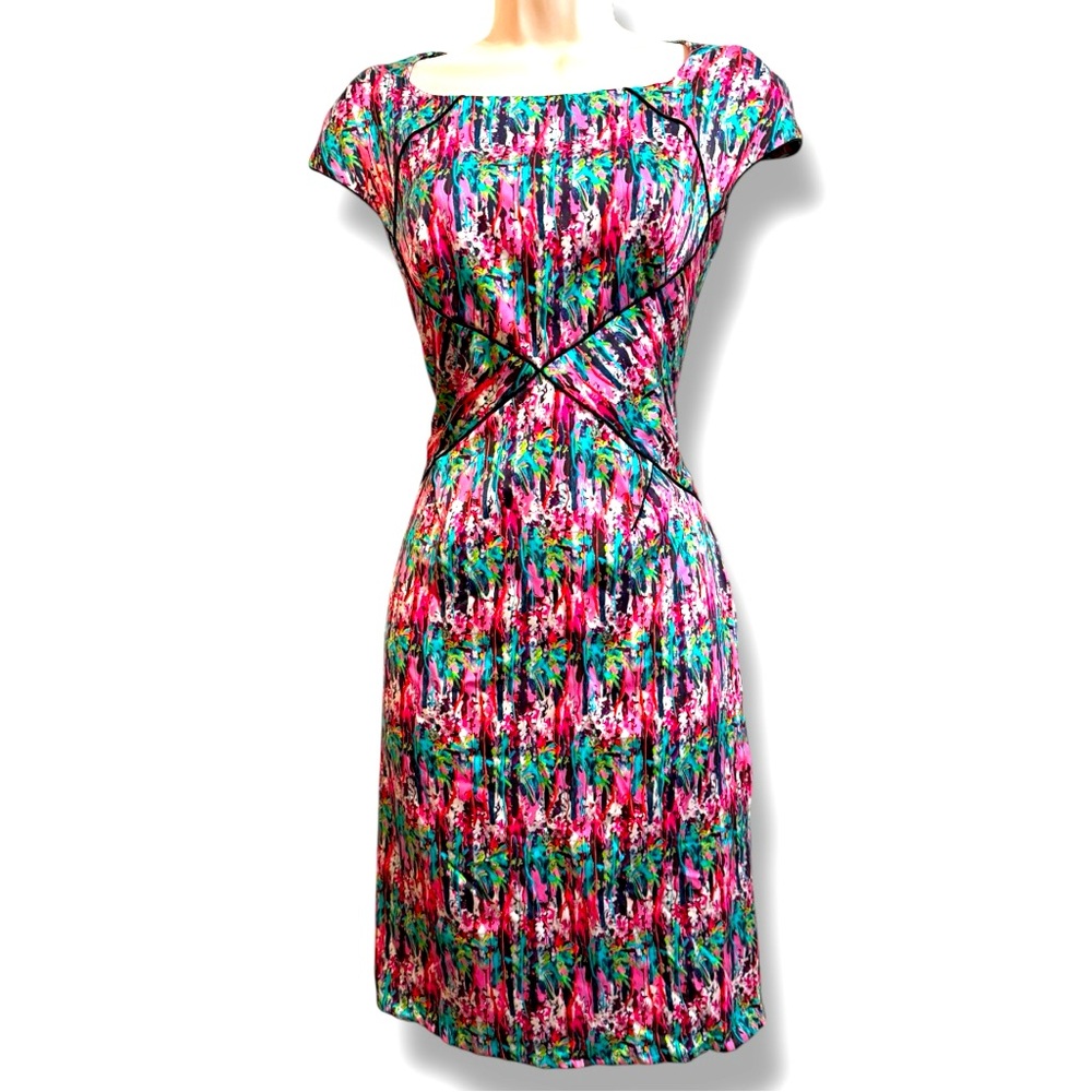 Zac Posen Silk Multi Color Cap Sleeve Sheath Dress Fully Lined Zip Back Size 6